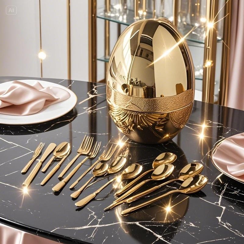 24-Piece Gold & Silver Cutlery Set in Egg-Shaped Case -