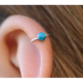 Cartilage Earring Hoop - 20G Sterling Silver helix piercing ear ring - Blue opal cartilage earring, silver cartilage hoop (Silver, Blue Opal)