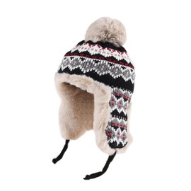 Women Teens Coldproof Knitted Trapper Hat with Thick Faux Fur Lining, Winter Furry Ushanka Earflap Cap Beanie Windproof Warm Cycling Ski Hunting Hat with Ear Flap Black