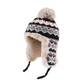 Women Teens Coldproof Knitted Trapper Hat with Thick Faux Fur Lining, Winter Furry Ushanka Earflap Cap Beanie Windproof Warm Cycling Ski Hunting Hat with Ear Flap Black