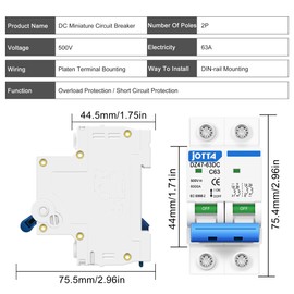 JOTTA Mini DC Circuit Breaker, 2 Pole 500V 63 Amp Isolator for Solar PV System, Thermal Magnetic Trip, DIN Rail Mount DZ47-63DC