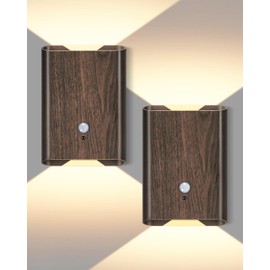 Fizrice Motion Sensor Wall Lights Wood - Decor Light Battery Operated LED Light Indoor Set of 2 Rechargeable Light Easy Installation, Gifts for Tenant New Home Apartment RV(Wood 2pcs)