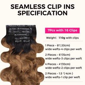 Lashey Clip-In Real Hair Extensions Ombre Natural Black to Medium Auburn Wavy Seamless Clip-In Hair Extensions 110 g 7 Pieces Remy Human Hair 55 cm (22 Inches)