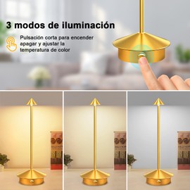 Sunsign Lámparas de Mesa Inalámbricas, Pequeña Lámpara de Escritorio Portátil,3 Temperaturas de Color y Regulable, Lámparas de Mesa para Dormitorio, para Sala de Estar, Restaurante (Oro)