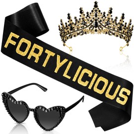 Daifunli 3 Pcs 40th Birthday Decorations for Women, 40th Birthday Sash and Crown Tiara Fortylicious Hello Forty Sunglasses (Black Gold)