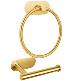 Self Adhesive Towel Ring and Toilet Paper Holder, No Drilling Stainless Steel Bathroom Hardware Set, Sturdy Bathroom Accessories for Home or Kitchen, Wall Mounted (Gold)
