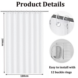 Shower Curtain, Mould Proof Resistant and Waterproof Washable Polyester Fabric with 12 Hooks, Quick Dry, Shower Curtain for Bathroom, Wet Rooms, Shower, Bath (White, 180x200cm)