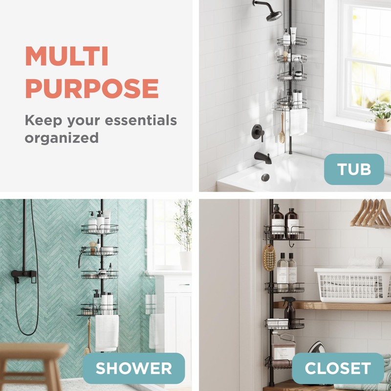 Zenna Home Tension Pole Shower Caddy Corner Organizer, Adjustable Standing