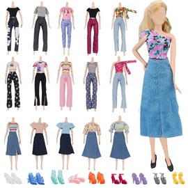 30 Pcs Doll Outfit and Accessories, 11.5 Inch Doll Clothes Collection Including 3 Dresses 7 Pants 10 Tops and 10 Pairs Shoes for Girls Birthday Gifts