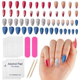Flower Press on Nails Almond,30Pcs Blue Press on Nails Short Almond and 24Pcs Pink Flowers French Tip Press on Nails Full Cover Glue on Nails Acrylic Stick on Nails for Women Manicure Decorations