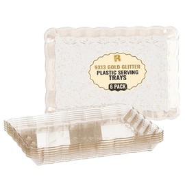 6 Pack Gold Glitter Plastic Serving Trays for Party, 9 x 13 Inch - Heavy Duty Plastic Gold Trays for Food - Rectangular Party Serving Platters