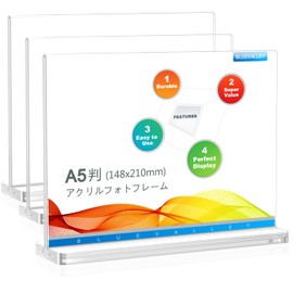 BlueValley Acrylic Photo Frame Pop Stand Menu Stand A5 Horizontal Double Sided Display Transparent T Sign Stand Picture Frame Stand - for Exhibitions and Events Pop Advertisements, Restaurant Menus, Family Posters, Office Paper Tabletop Display (148x210mm) - Set of 3