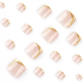 Press on Toenails Gold French Tip Fake Nails with 3D Golden Stripes Design False Toenails Summer Press on Toe Nails Elegant Acrylic Toenails Full Cover Stick on Toenails for Women 24Pcs