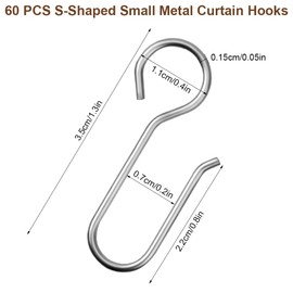 Pack of 60 S-shaped curtain hooks, metal, silver curtain hooks made of stainless steel, curtains S hooks for hanging curtains and curtain rings, door curtains and shower curtains, 35 mm long