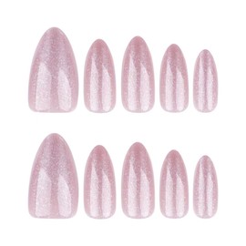KAVI' S 24pcs French Tip Stick on Nail Cat Eye Press on Nails Pink Nude Gradient Glitter Fake Nails Almond Acrylic False Nails Jerry Glue for Women Girls