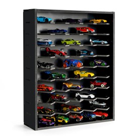 Krafetto Toy Car Display Shelf, Holds 50 Diecast 1/64 Toy Cars, Wall Mount Model Car Storage Organize Case, Desktop Toy Cars Garage (Black)
