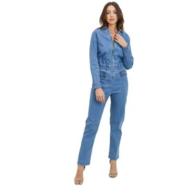 Khanomak Women's Collar Jeans Denim Fitted Utility Jumpsuit with Pockets, mid-blue