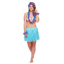  Henbrandt Adult Blue Hawaiian Accessories Set Hula Lei Flower Garland and Grass Skirt 5pc Party Set Ladies Fancy Dress Costume