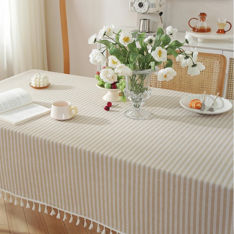meioro Tablecloths Striped Tassel Table Cloth Rectangular Tablecloth Cotton Linen