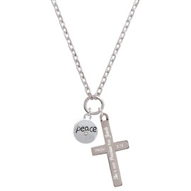 Delight Jewelry Silvertone Peace with AB Crystal and Dove - She is More Precious Engraved Cross Zoey Necklace, 28"