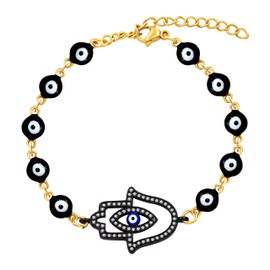 Uloveido Stainless Steel Evil Eye Chain Bracelets Hamsa Hand Fatima Cubic Zirconia Charm Bracelets Blue Eye Adjustable Amulet Protection Bracelet for Women (Y3981-gold black)