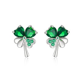 Flyonce St Patricks Day Clover Earrings, Green Four Leaf Irish Shamrock Clip On Earrings for Women Party Prom Fashion Jewelry Holiday Gifts Silver-Tone