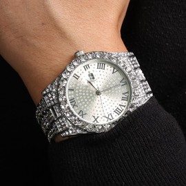 Halukakah Diamond Gold Watch for Men, 18 Carat Real Gold/Platinum White Gold Plated Quartz Bracelet 24 cm Round Dial, with Diamond Cluster Tennis Chains, Necklace, Bracelet Set Options, with Gift Box,