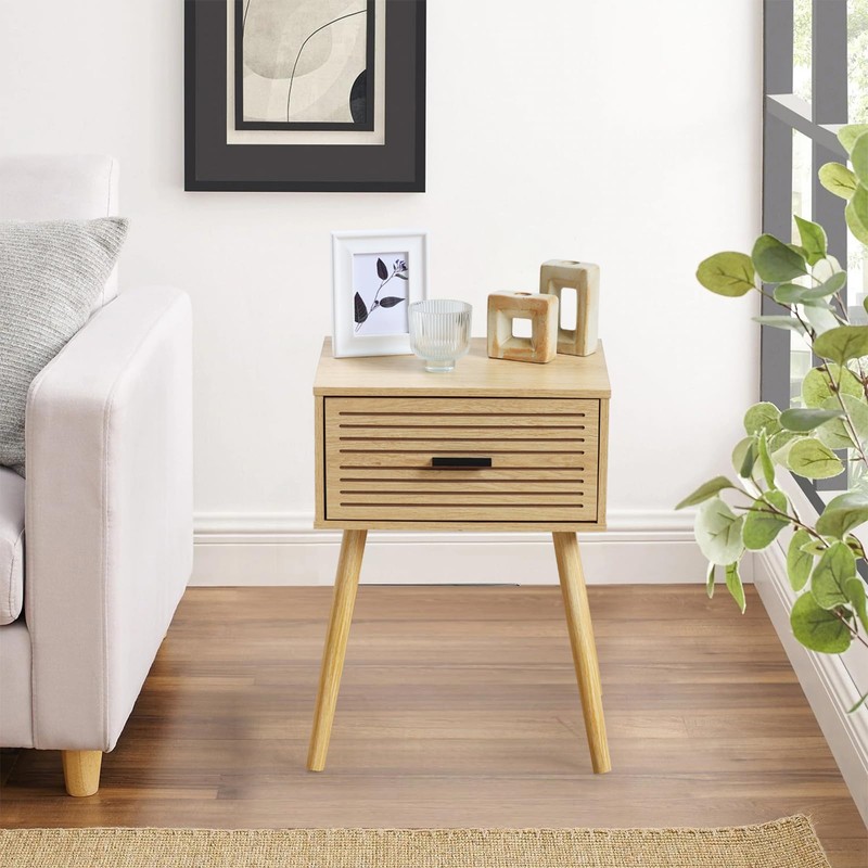 2 Sets Striped Grooved Nightstand with Solid Wood Storage Drawer,