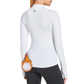 FitsT4 Sports Women's Thermal Shirts Long Sleeve Fleece Lined Tops Mock Neck Workout Running Cold Weather Gear Thumbholes White