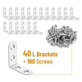 Bates- L Brackets, 40 Pack with 160 pcs Screws, 1.5"x1.5", Stainless Steel, L Brackets for Shelves, L Brackets for Wood, Corner Bracket, Corner Brace, Shelf Brackets, Angle Bracket