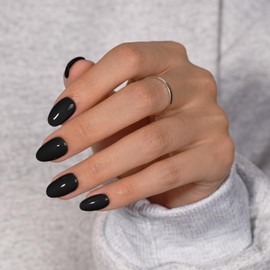 KQueenest Black Press On Nails Short Oval - Acrylic Press On Nails with Glue, Dark Almond Short Fake Nails Press ons, Glossy Opaque, Reusable Soft Gel Glue on Nails for Women, 24 Pcs