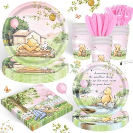 120PCS Pink Classic Winnie Bear Party Supplies Babyshower 1st Party Decorations for Kids Girls Birthday Neutral Bear Plates Napkin Cups Disposable Tableware Set for 20 Guests