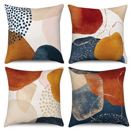 Hnmdmyi Boho Cushion Cover, 50 x 50 cm, Set of 4, Mid Century Abstract Aesthetic Navy Blue Burnt Orange Cushion Covers Geometric Minimalist Modern Art Linen Cushion Cover for Sofa Couch Home Decor