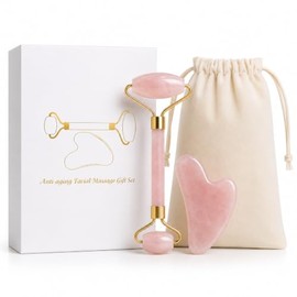 Generic Rodillo de jade de cuarzo rosa y set de gua sha para el rostro, herramientas de masaje facial para drenaje linfático, reducción de hinchazón, 