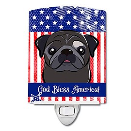 Caroline's Treasures BB2193CNL American Flag and Black Pug Ceramic Night Light Compact, UL-Certified, Ideal for Bedroom, Bathroom, Nursery, Hallway, Kitchen, 6x4x3, Multicolor