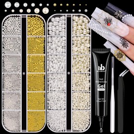 2 Boxes Flatback Pearls (White+Beige) and Metal Nail Beads (Silver+Gold) with Rhinestones Glue Gel for Nail Art, Pearl Nail Charms and Round Caviar Beads for Acrylic Nail Tips Manicure Decor
