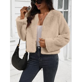 AMZANGEL Women's Faux Fur Cropped Jacket Winter Crew Neck Long Sleeve Dresses Shrugs Fluffy Coats with Pocket