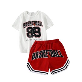 SweatyRocks Boy's Number Graphic Letter Print T Shirt and Shorts Set Casual 2 Piece Outfit Red and White 9Y