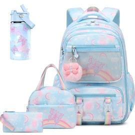 Scothen Backpack for Girls, 4PCS Rainbow Butterfly Girls Backpacks with Lunch Bag 14oz Kids Insulated Water Bottle for Teen Girl Children Students Kindergarten Elementary Middle School Book Bag