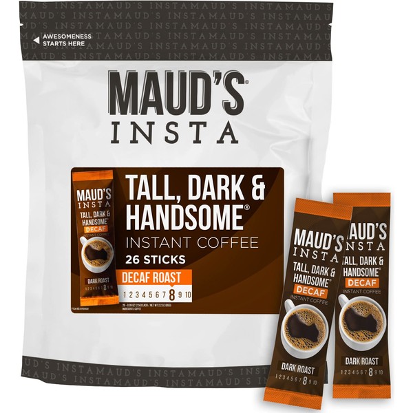 Maud's Instant Decaf Dark Roast Coffee (Insta Decaf Tall Dark & Handsome), 26ct. Solar Energy Produced Single Serve Dark Roast Decaf Instant Coffee Travel Packs, 100% Arabica Coffee California Roasted
