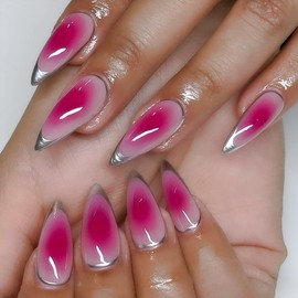 Rchovsam Medium Almond Press on Nails French Tip Fake Nails Red Gradient Designs Nails Press Ons Acrylic Full Cover Gel False Nails Gift for Women 24pcs