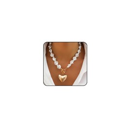 Chunky Pearl Necklace for Women Gold Big Heart Necklaces Baroque Pearl Heart Puffy Necklace Gold Statement Jewelry Gift (Gold)
