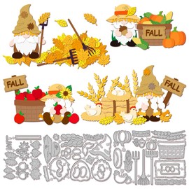 MAYJOYDIY Metal Cutting Template with Gnome Farmer in Rustic Style Farm Harvest with "Autumn" Pattern Wheat Corn Apple Pumpkin Leaf Pattern Embossing Cutting Die Made of Carbon Steel for DIY Card