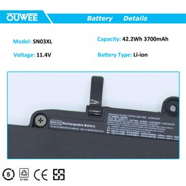 OUWEE SN03XL Laptop Battery Compatible with HP EliteBook 820/725 G3 G4 828 G4 Serie HSTNN-UB6T ST03XL HSTNN-LB7K SN03 SN03044XL HSTNN-UB5T HSTNN-DB6V 800514-001 800232-241 11.4V 44Wh 3860mAh