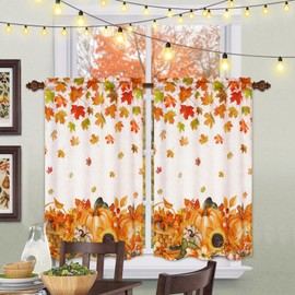 Cortinas cortas para cocina, con bolsillo para barra de hojas de arce de otoño para ventana, cortina de ventana pequeña, con calabaza, niveles de tratamiento de ventana para café, decoración de Acción