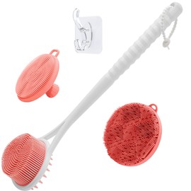 GEENOA Silicone Face & Body & Back Scrubber Set, 15.35’’ Back Scrubber for Shower with Dual-Side Brush Head, Silicone Body Scrubber Facial Scrubber with Dense Bristles and Non-Slip Handle(Pink-3PCS)