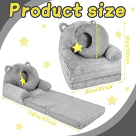 Burbell Foldable Toddler Couch 2 in 1 Gray Cat Kids Fold Out Couch with Moon Shape Pillow Recliner Chair Baby Sofa Bedroom Folding Bed Lounger for Girls and Boys