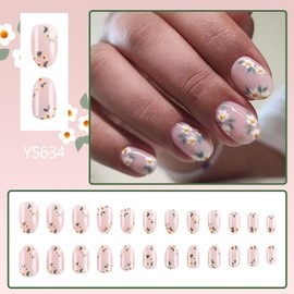 Flower Press on Nails Short Oval Fake Nails with Floral Designs Spring False Nails Cute Light Pink Gel Acrylic Nails Full Cover Glue on Nails Summer White Flowers Stick on Nails for Women 24Pcs