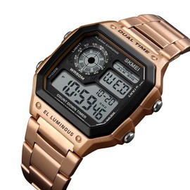 PASOY Men's Digital Multi-Function Watches 2 Time Alarm Stopwatch Countdown Backlight Waterproof Watch (Rose Gold)
