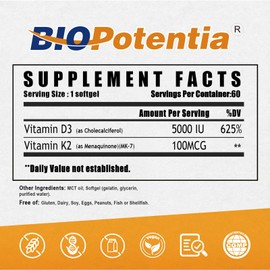 BIO POTENTIA Vitamin D3 K2 with MCT Oil Supplement, Vitamin D3 5000 IU & K2 100MCG (MK7), Supports Bone & Teeth & Immune Health - Gluten Free Non-GMO - 60 Softgels